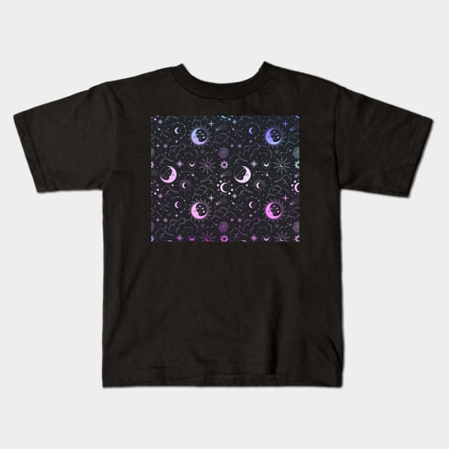 Celestial Witchy Pattern - Pink and Blue Gradient Kids T-Shirt by rosiemoonart